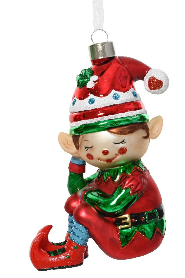 Zawieszka szklany elf siedzący – zielony lub czerwony