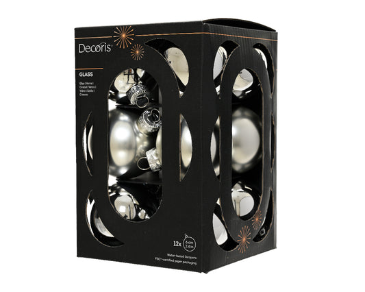 Szklane bombki 6 cm – srebrne, mat i połysk (12 szt.)