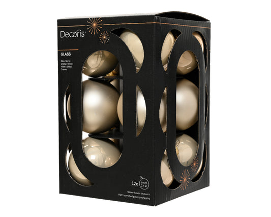 Szklane bombki 6 cm – kremowe, mat i połysk (12 szt.)