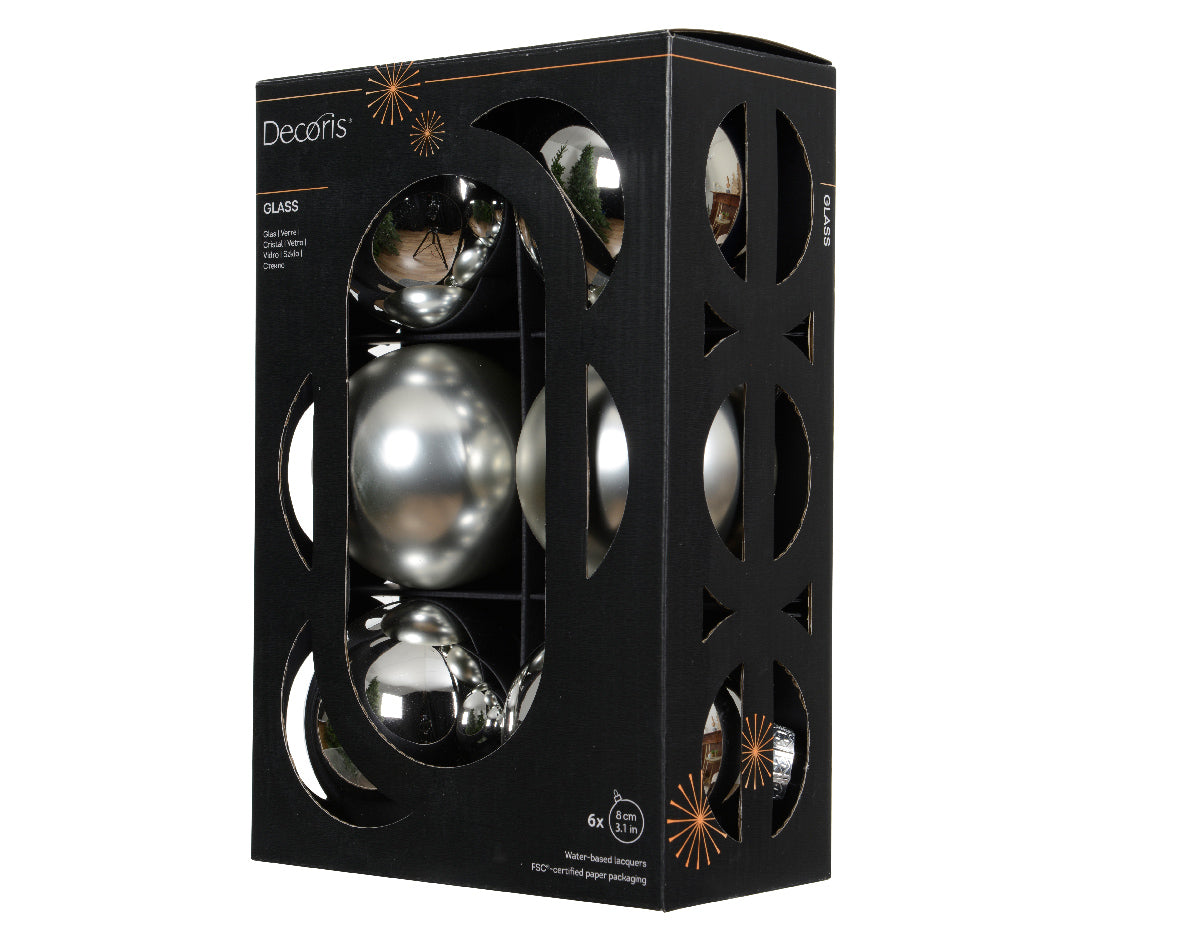 Szklane bombki 8 cm – srebrne, mat i połysk (6 szt.)