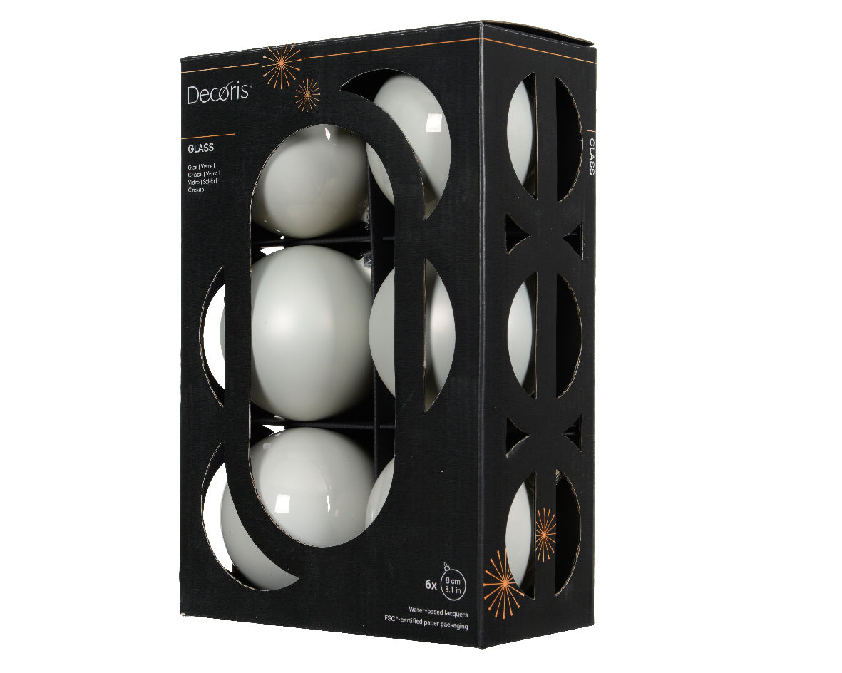 Szklane bombki 8 cm – zimna biel, mat i połysk (6 szt.)