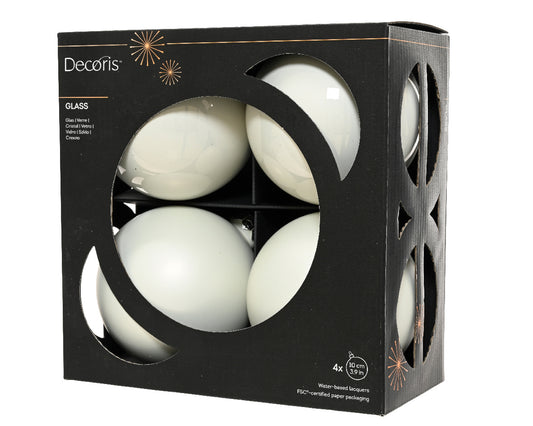 Szklane bombki 10 cm – zimna biel, mat i połysk (4 szt.)