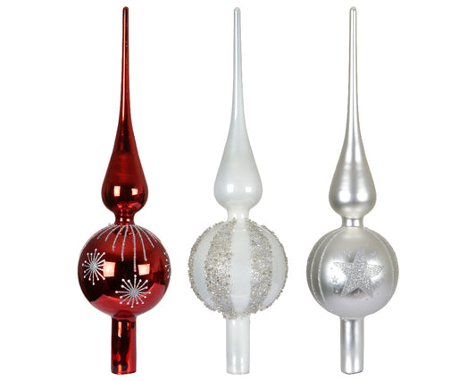 Szpic szklany na choinkę czerwony-biały-srebrny