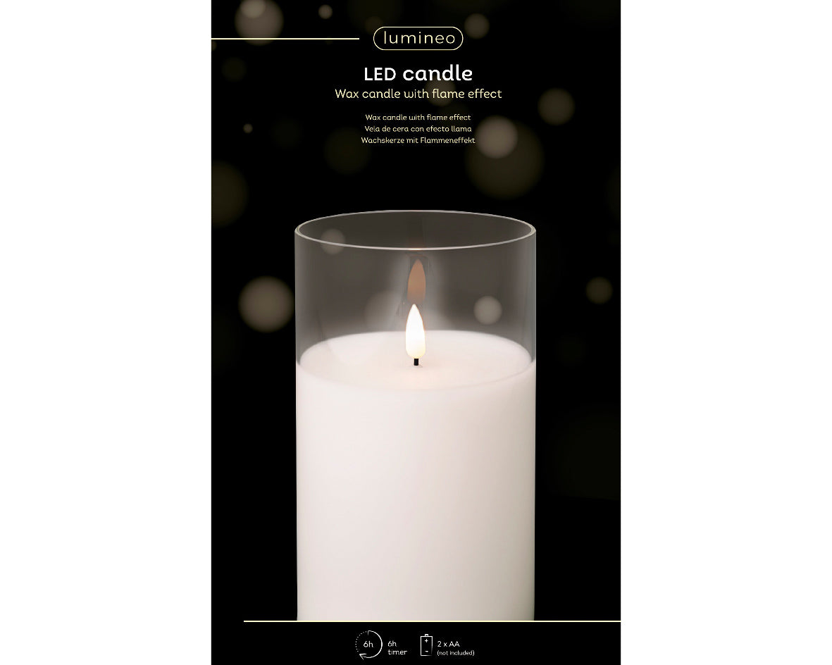 Świeca LED w szkle szeroka efekt knota 17.5 cm ciepła biel