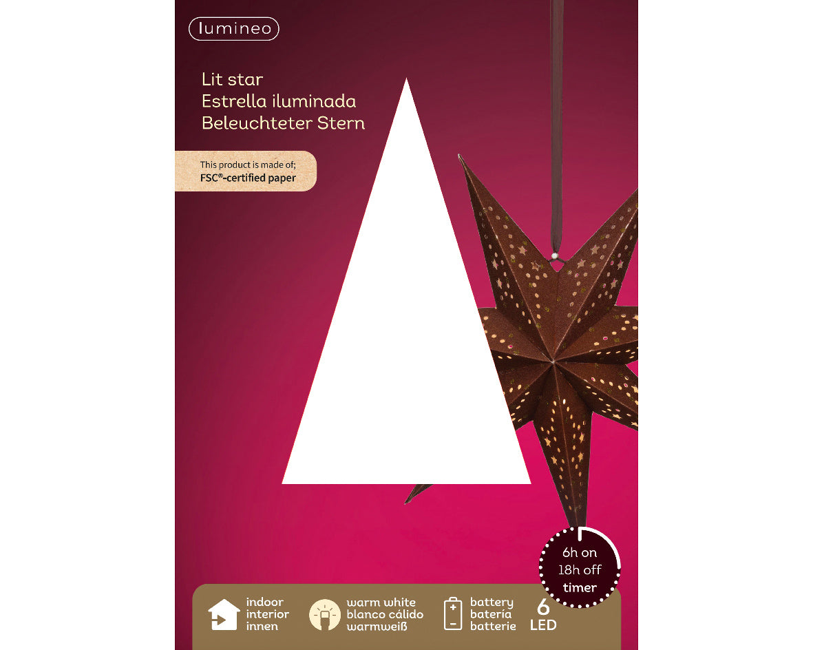 Papierowa gwiazda na baterie LED 38 cm brązowa