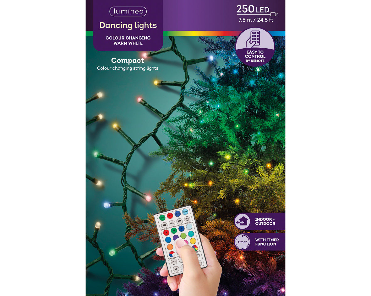 Lampki LED RGB 250L – 7,5 m  Ciepły biały i zmieniające kolory