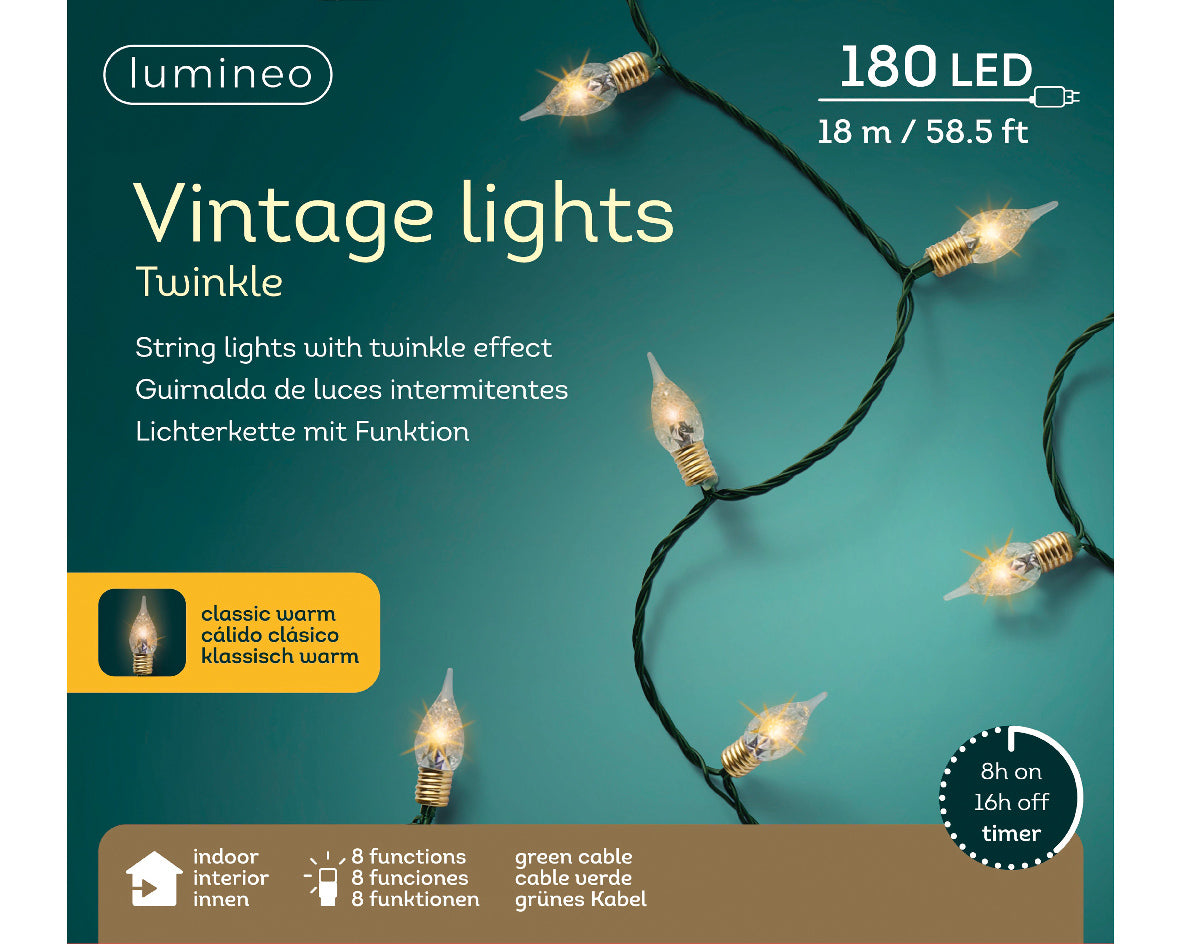 Lampki LED Vintage 180L – 17,9 m Klasyczny ciepły – Zielony przewód