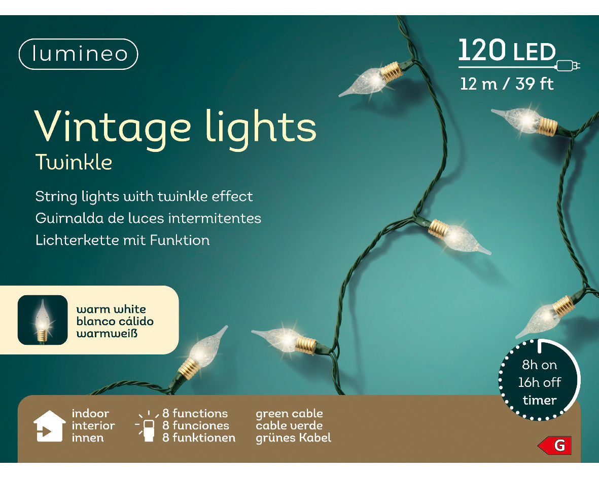 Lampki LED Vintage 120L – 11,9 m Ciepły biały Zielony przewód