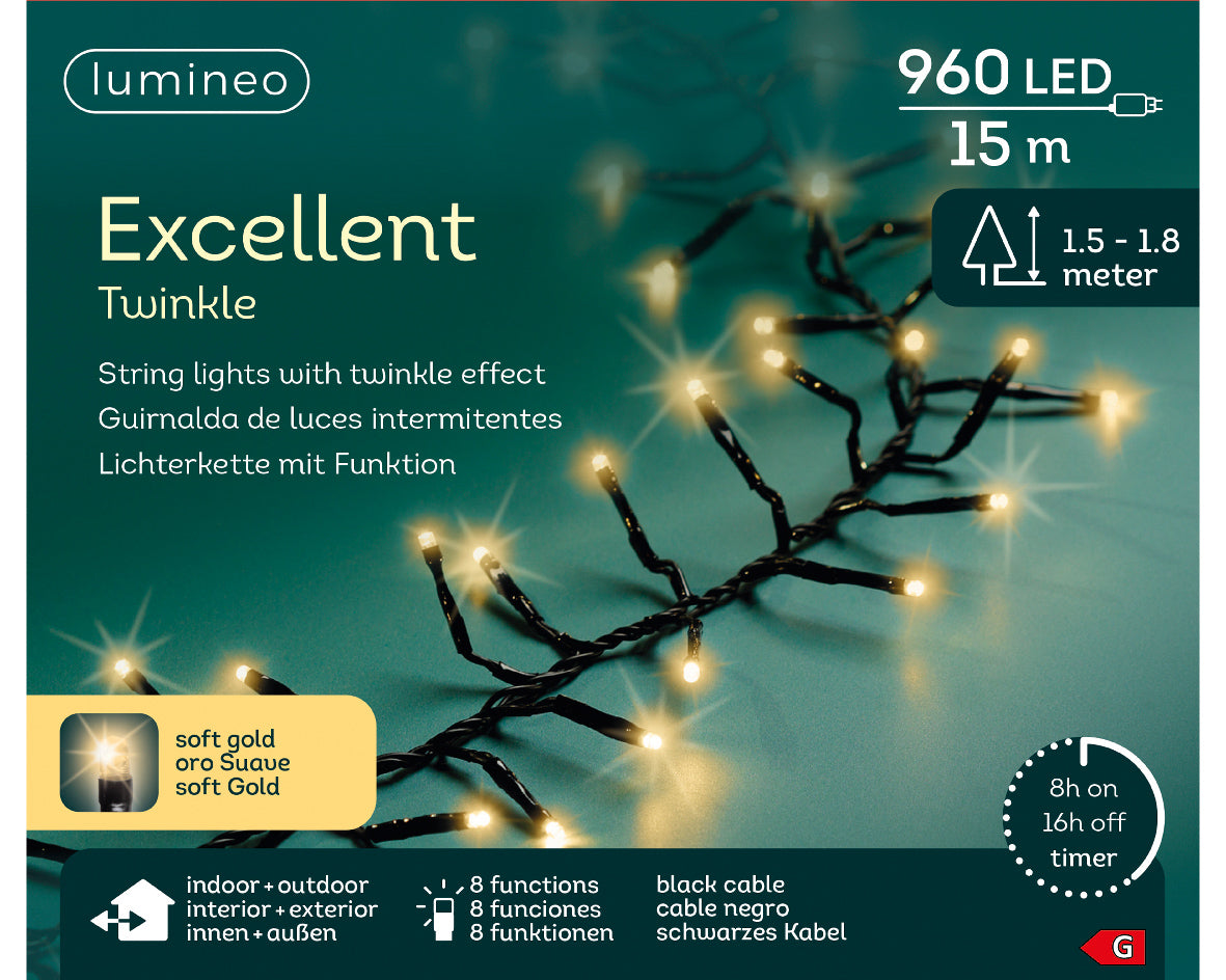 Gęste klasyczne Lampki LED 960L - 15m ciepły złoty 8 funkcji
