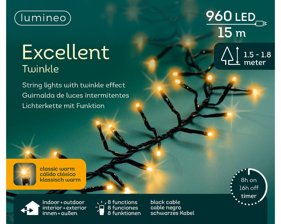 Gęste klasyczne Lampki LED 960L - 15m klasyczny ciepły 8 funkcji