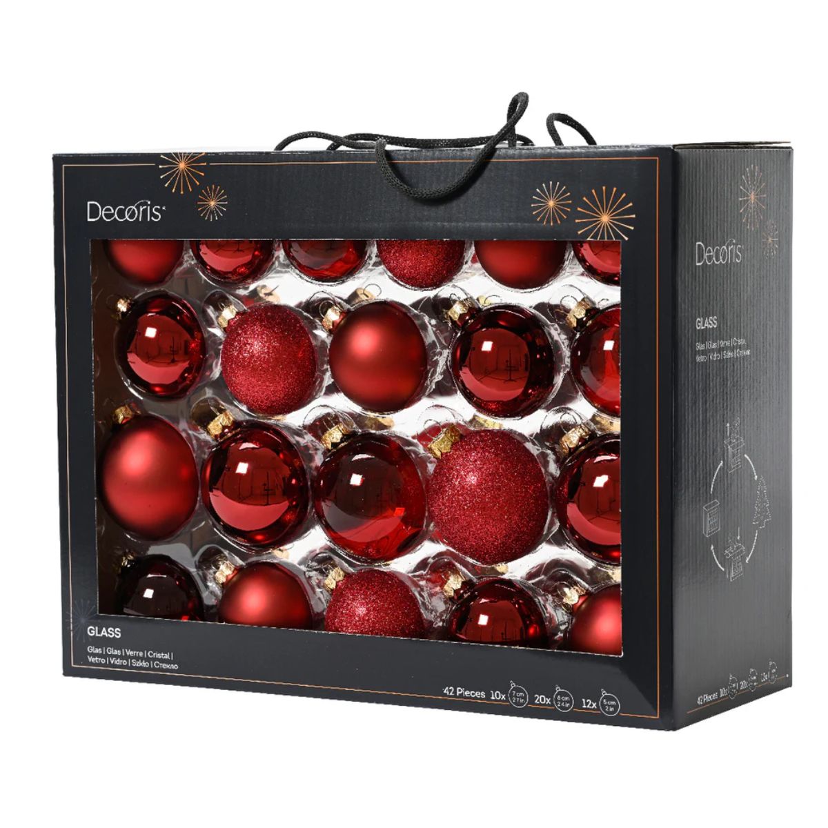 Zestaw szklanych bombek – czerwony mix wykończeń (42 szt.)