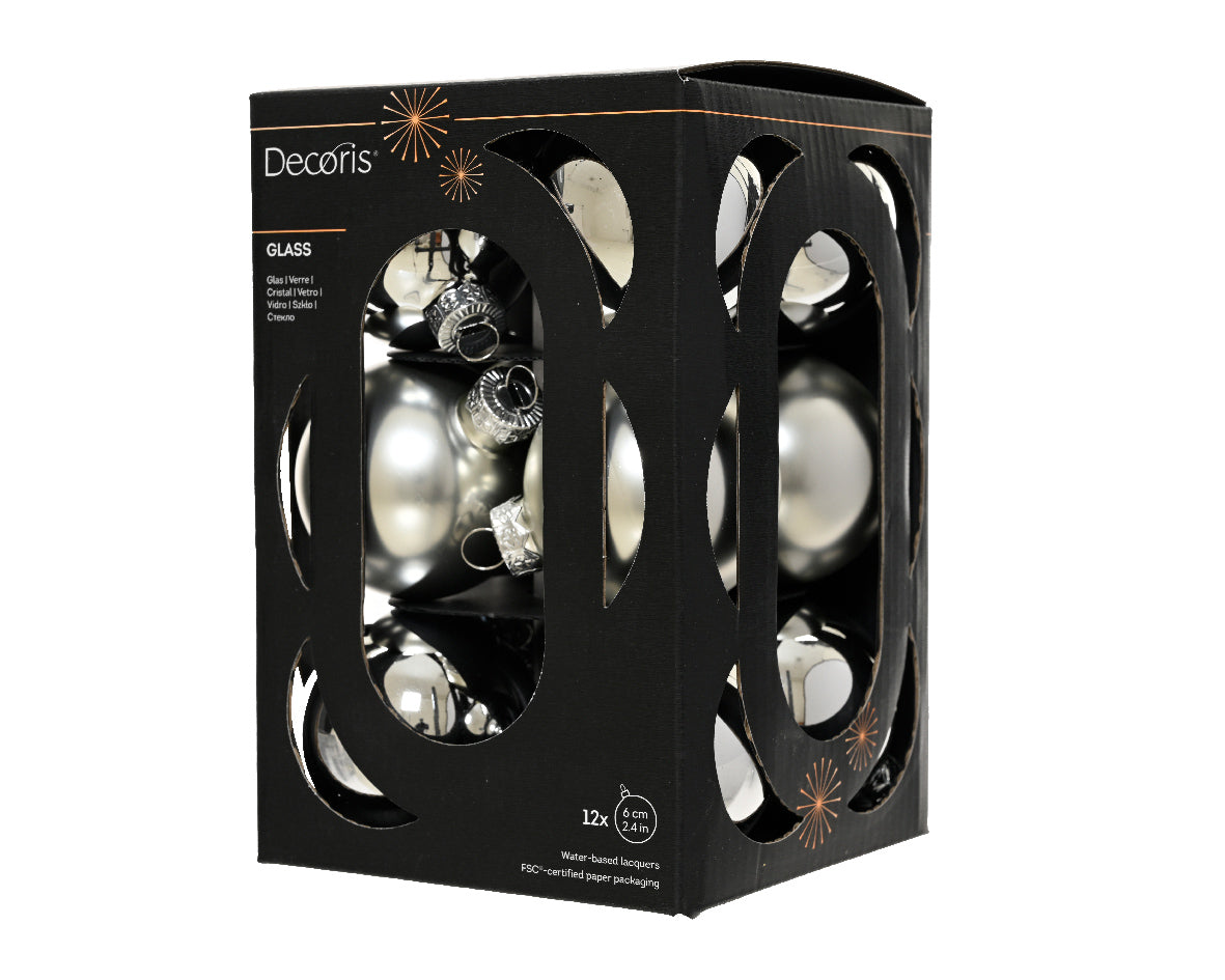 Szklane bombki 6 cm – srebrne, mat i połysk (12 szt.)