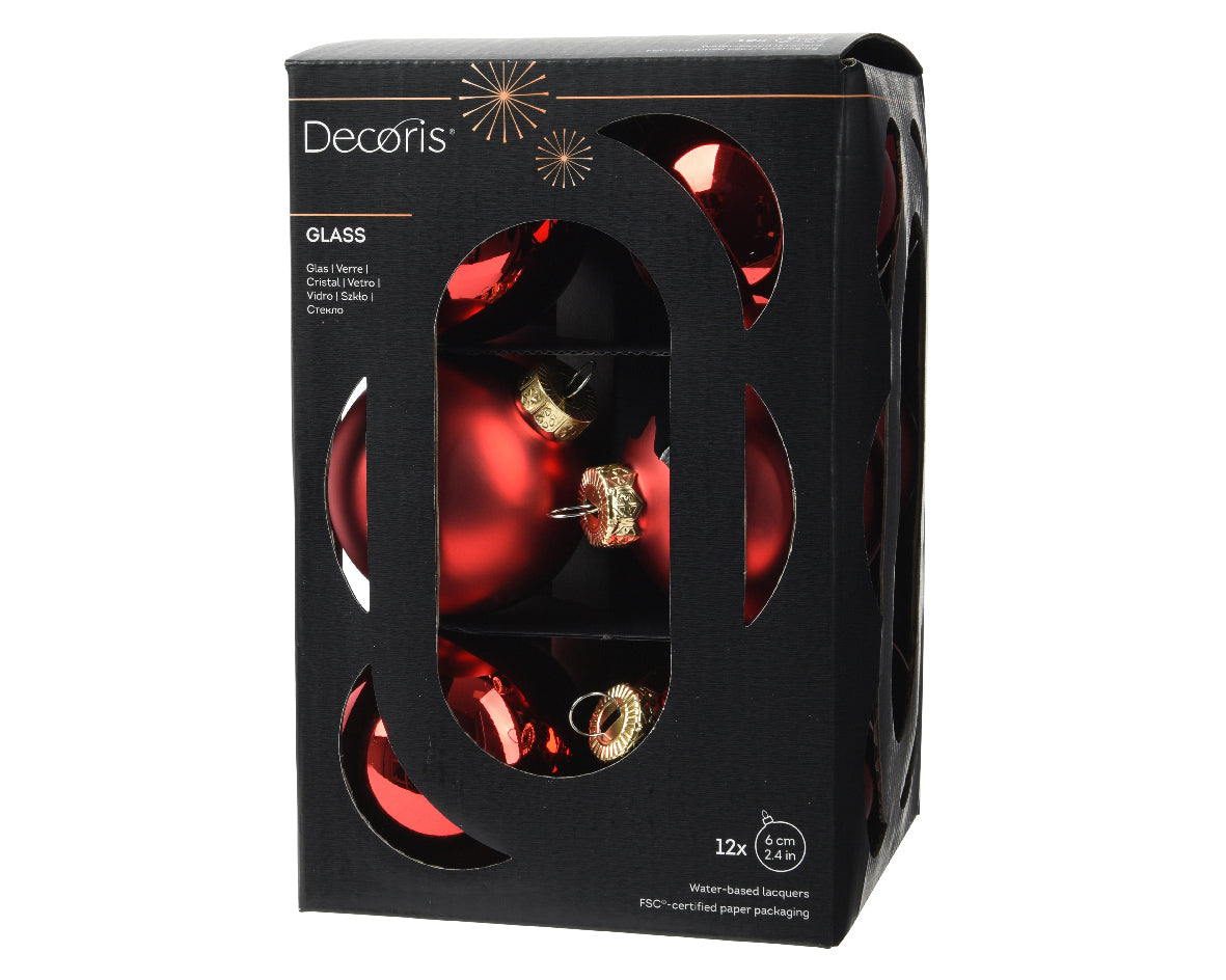 Szklane bombki 6 cm – czerwone, mat i połysk (12 szt.)