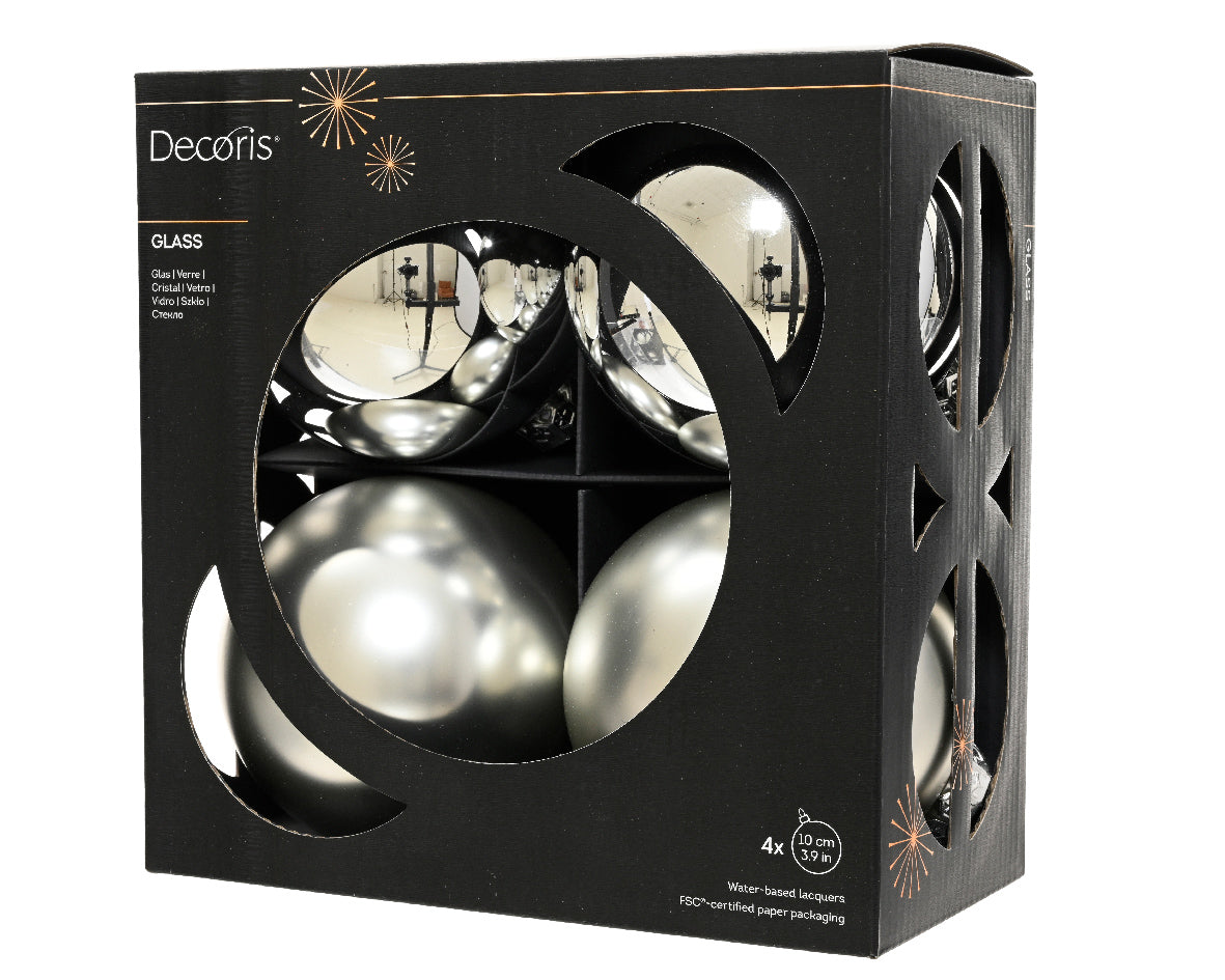 Szklane bombki 10 cm – srebrne, mat i połysk (4 szt.)