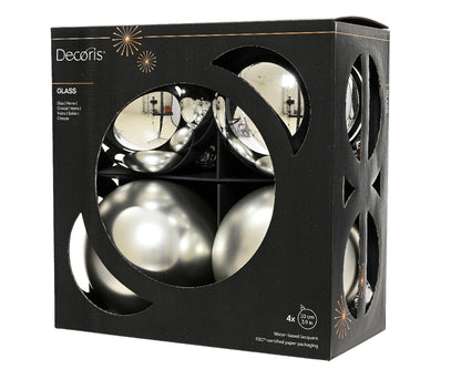 Szklane bombki 10 cm – srebrne, mat i połysk (4 szt.)