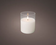 Świeca LED w szkle szeroka efekt knota 12.5 cm ciepła biel