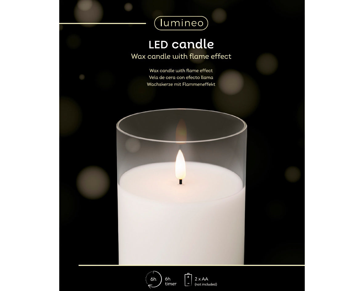 Świeca LED w szkle szeroka efekt knota 12.5 cm ciepła biel