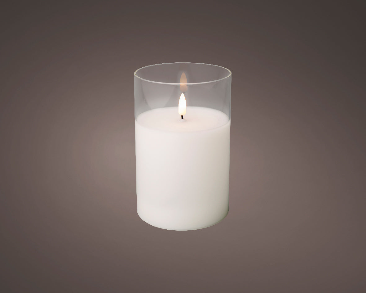 Świeca LED w szkle szeroka efekt knota 15 cm ciepła biel