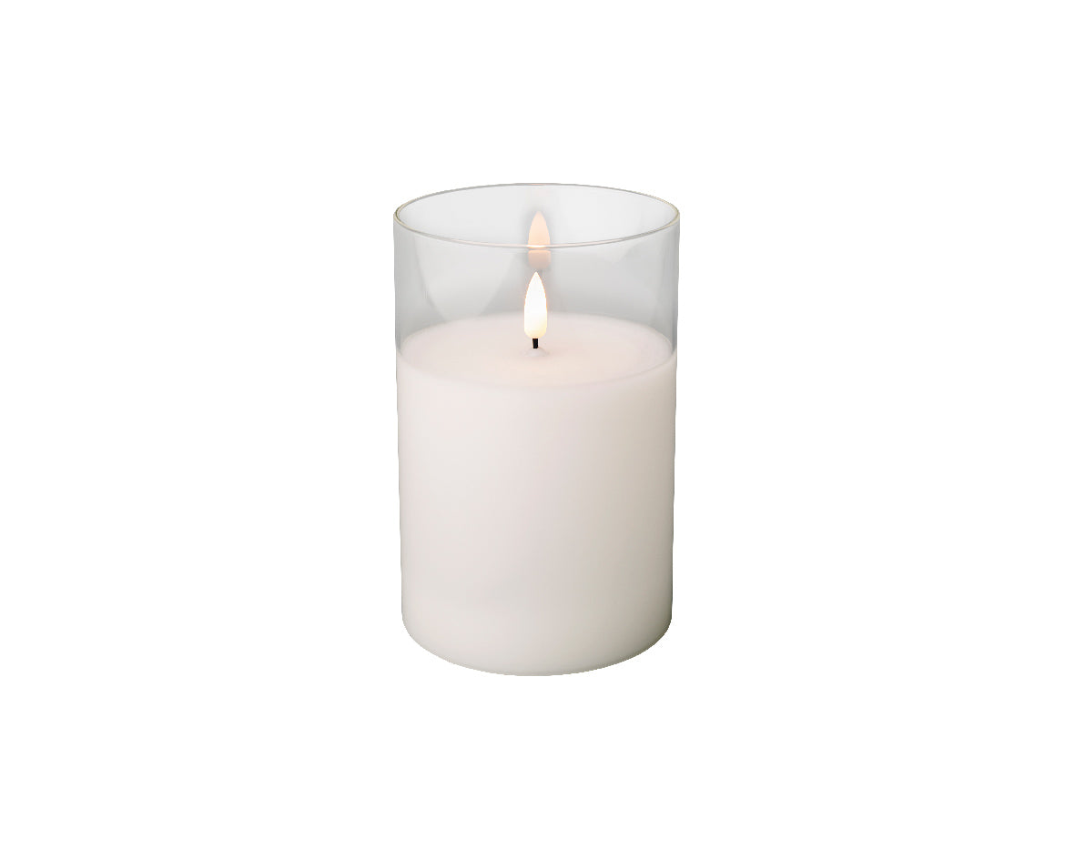 Świeca LED w szkle szeroka efekt knota 15 cm ciepła biel