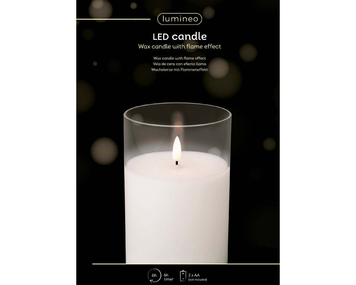 Świeca LED w szkle szeroka efekt knota 15 cm ciepła biel