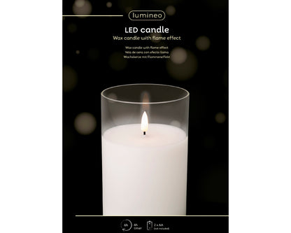 Świeca LED w szkle szeroka efekt knota 15 cm ciepła biel