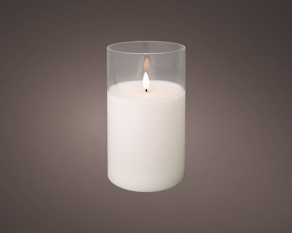 Świeca LED w szkle szeroka efekt knota 17.5 cm ciepła biel
