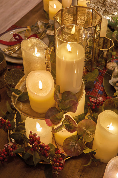 Świeca LED w szkle szeroka efekt knota 15 cm ciepła biel