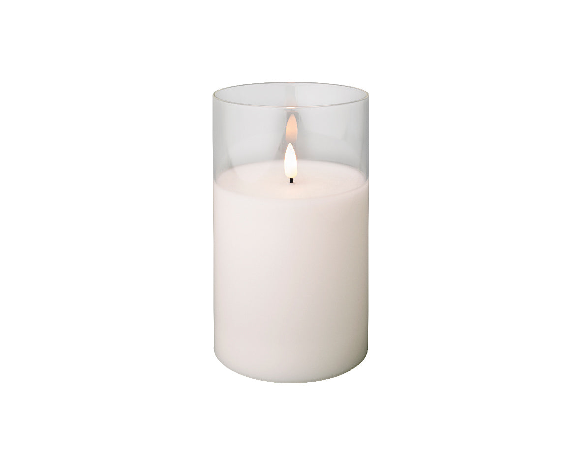 Świeca LED w szkle szeroka efekt knota 17.5 cm ciepła biel