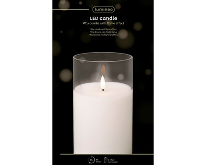 Świeca LED w szkle szeroka efekt knota 17.5 cm ciepła biel