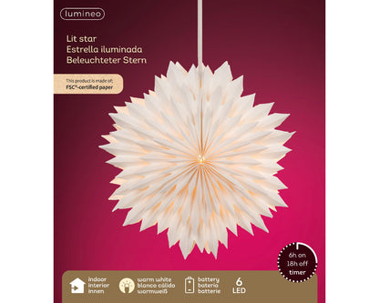 Papierowa gwiazda 3D na baterie LED 38 cm biała