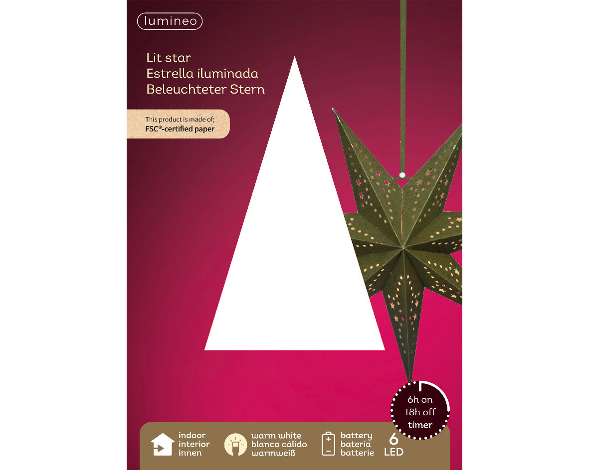 Papierowa gwiazda na baterie LED 38 cm zielona