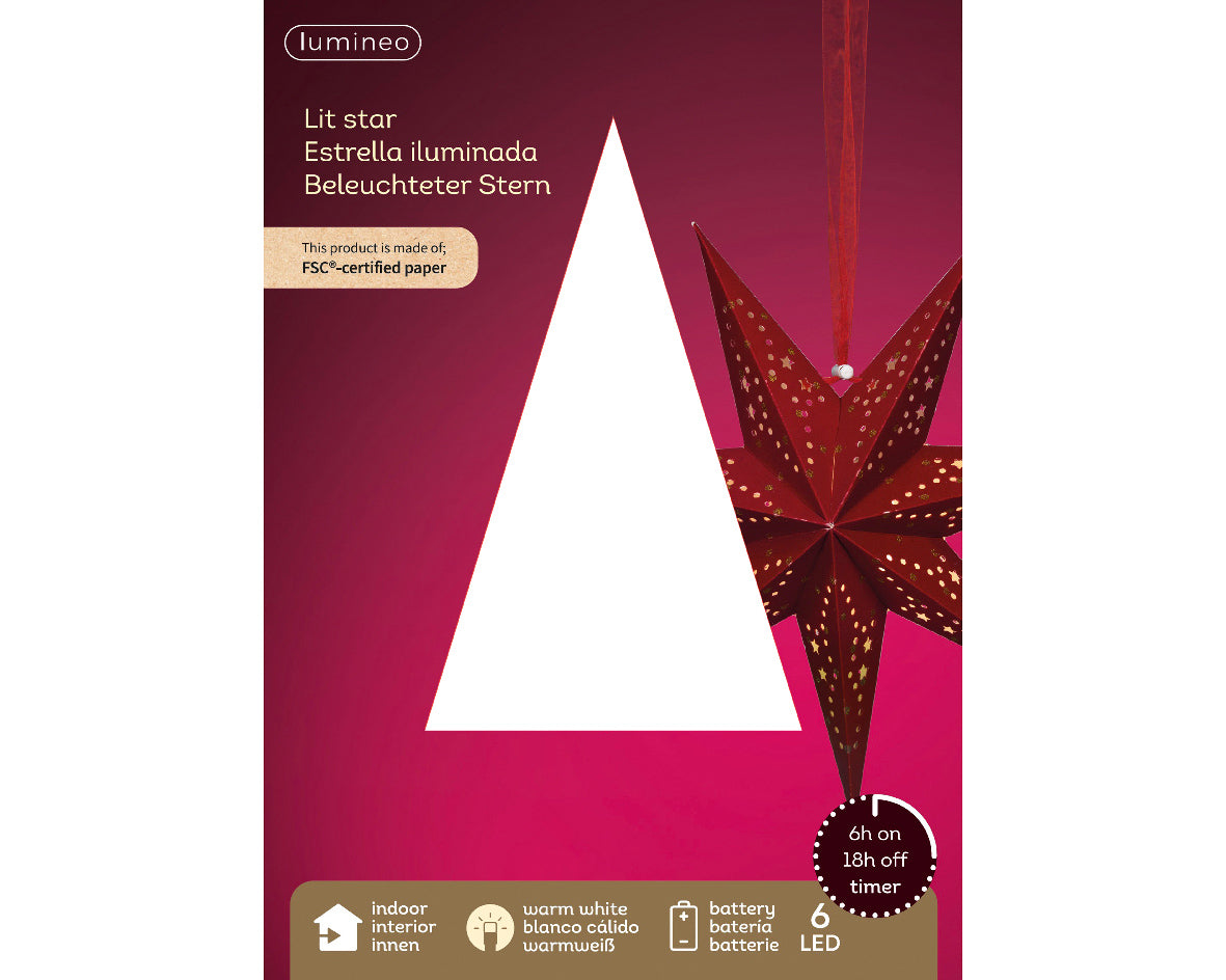 Papierowa gwiazda na baterie LED 38 cm czerwona