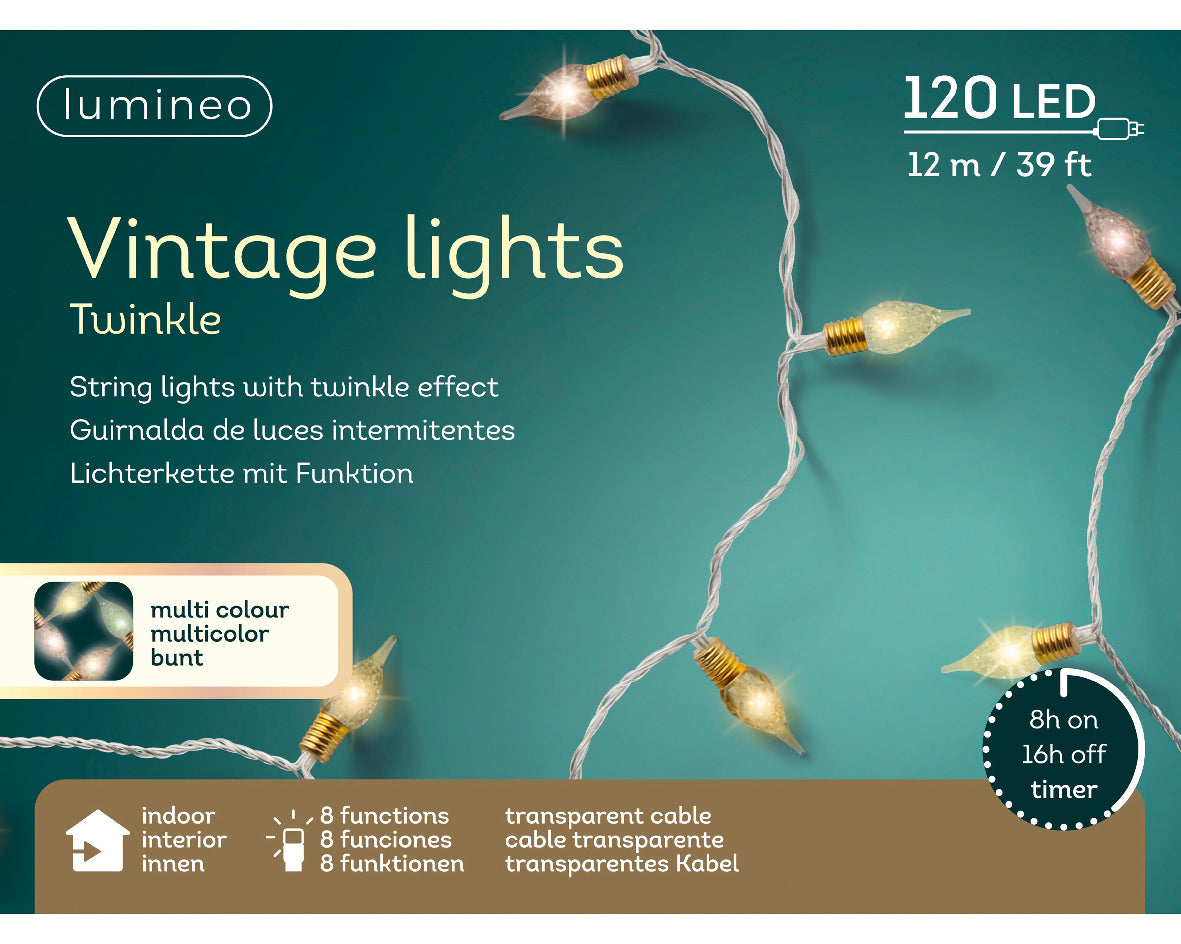 Lampki LED Vintage 120L – 11,9 m – Mix pastelowy 8 funkcji biały przewód
