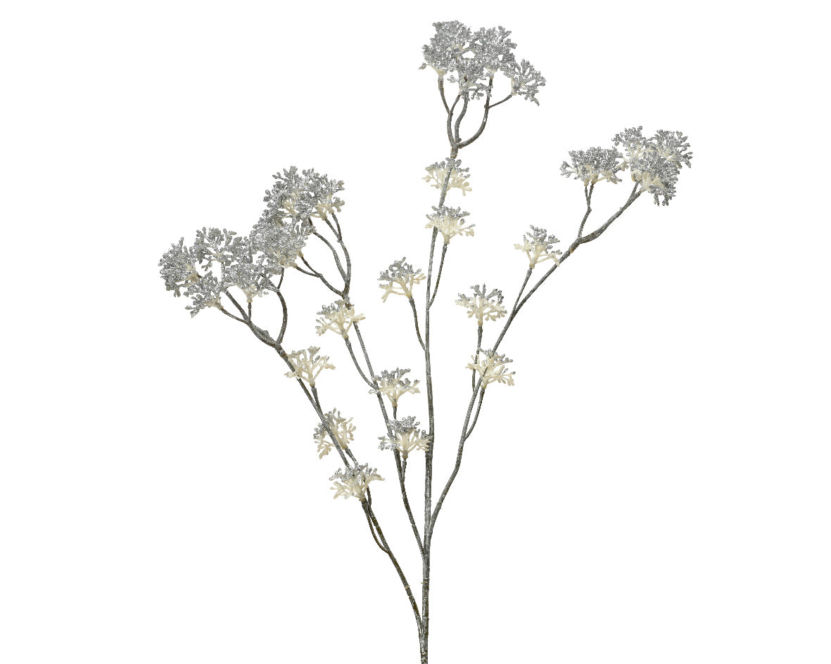Gałązka z drobnymi kwiatkami – 73 cm, biała z brokatem
