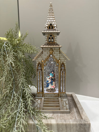 Pozytywka LED Kościół z Szopką (biało/złoty).