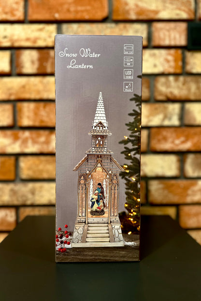 Pozytywka LED Kościół z Szopką (biało/złoty).