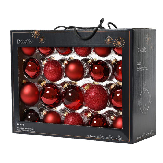 Zestaw szklanych bombek – czerwony mix wykończeń (42 szt.)
