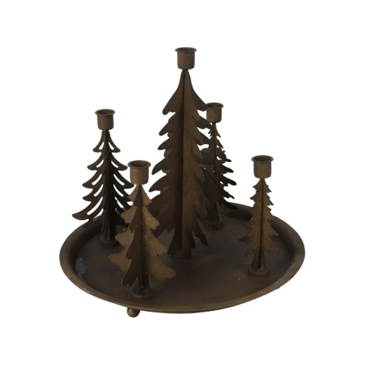 Świecznik metalowy z choinkami rdzawy 33 cm