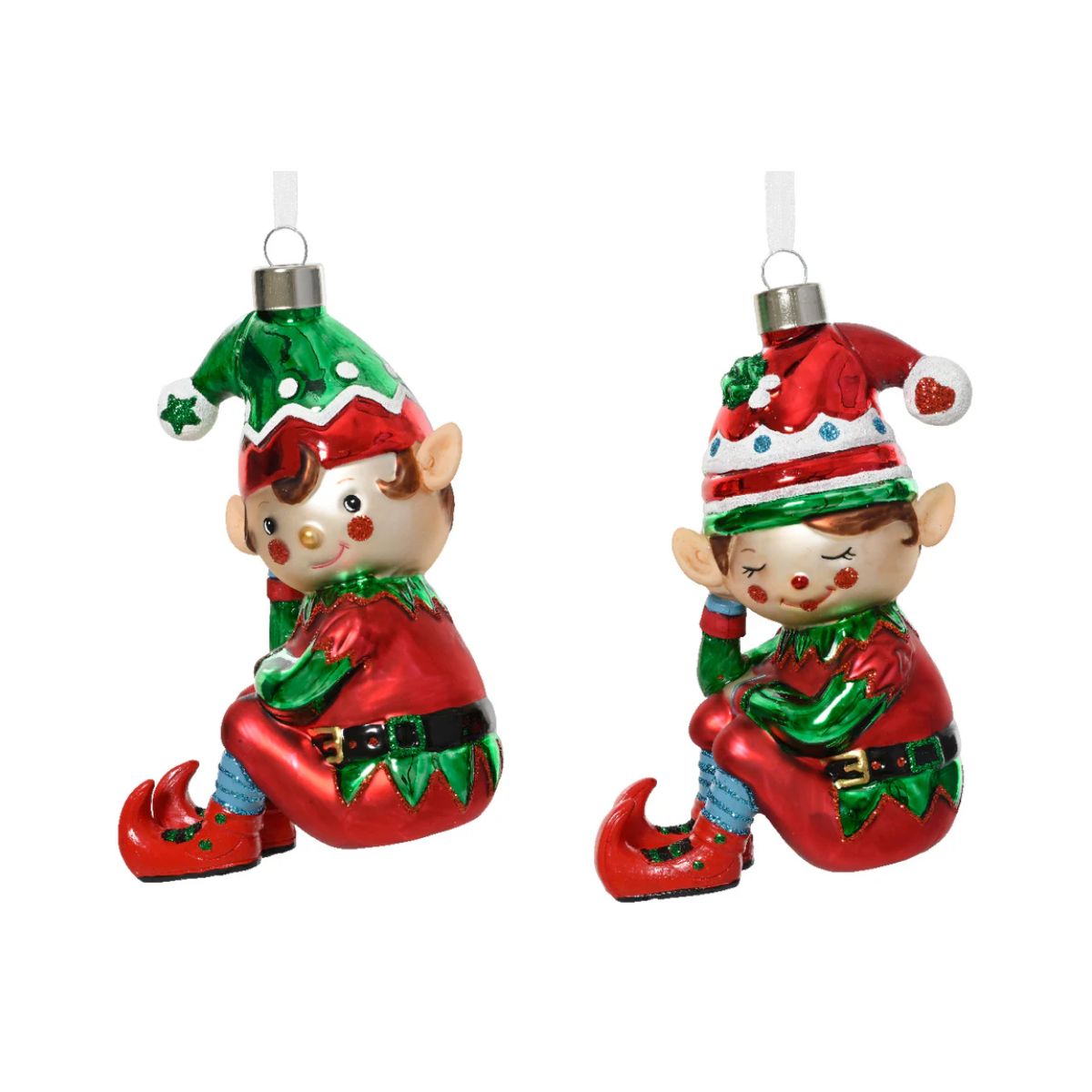 Zawieszka szklany elf siedzący – zielony lub czerwony