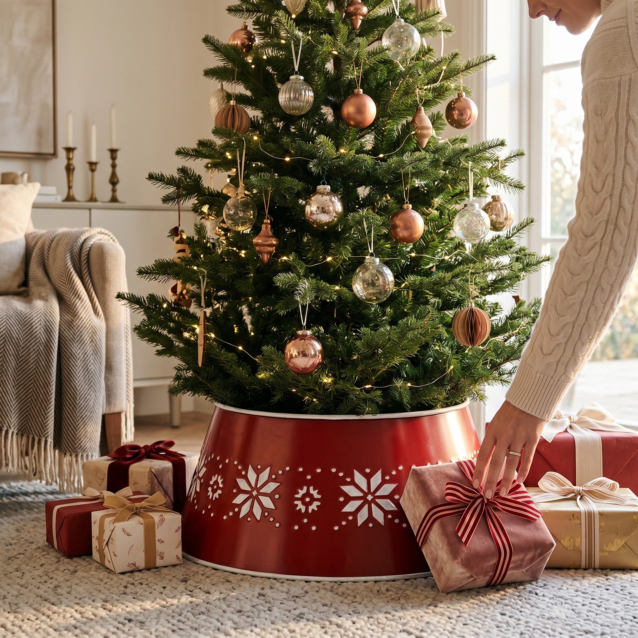 Family Bazaar red metal Christmas tree stand cover with white snowflake pattern, 70 cm diameter.