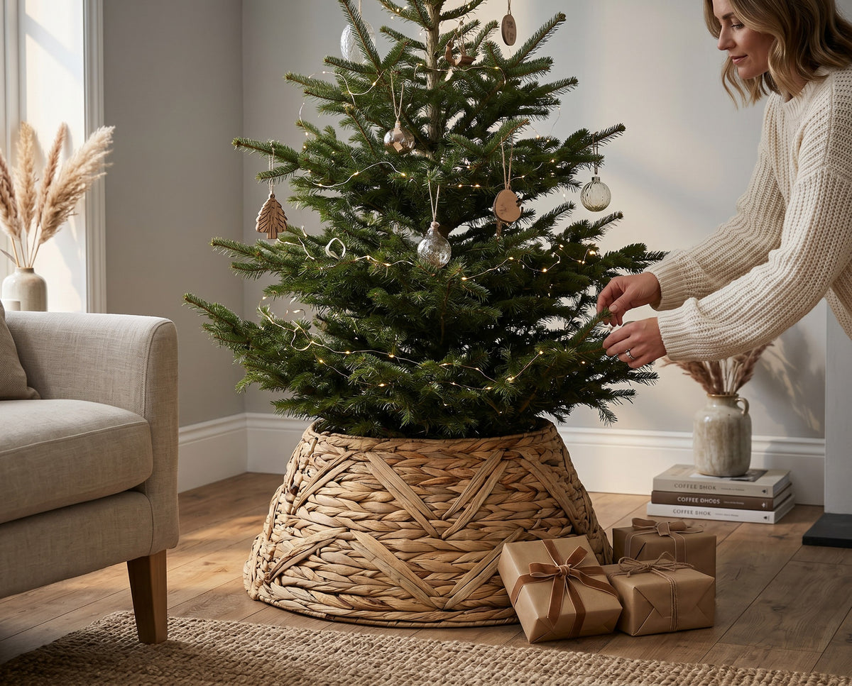 Family Bazaar natural water hyacinth woven Christmas tree stand cover, 57cm diameter, boho style