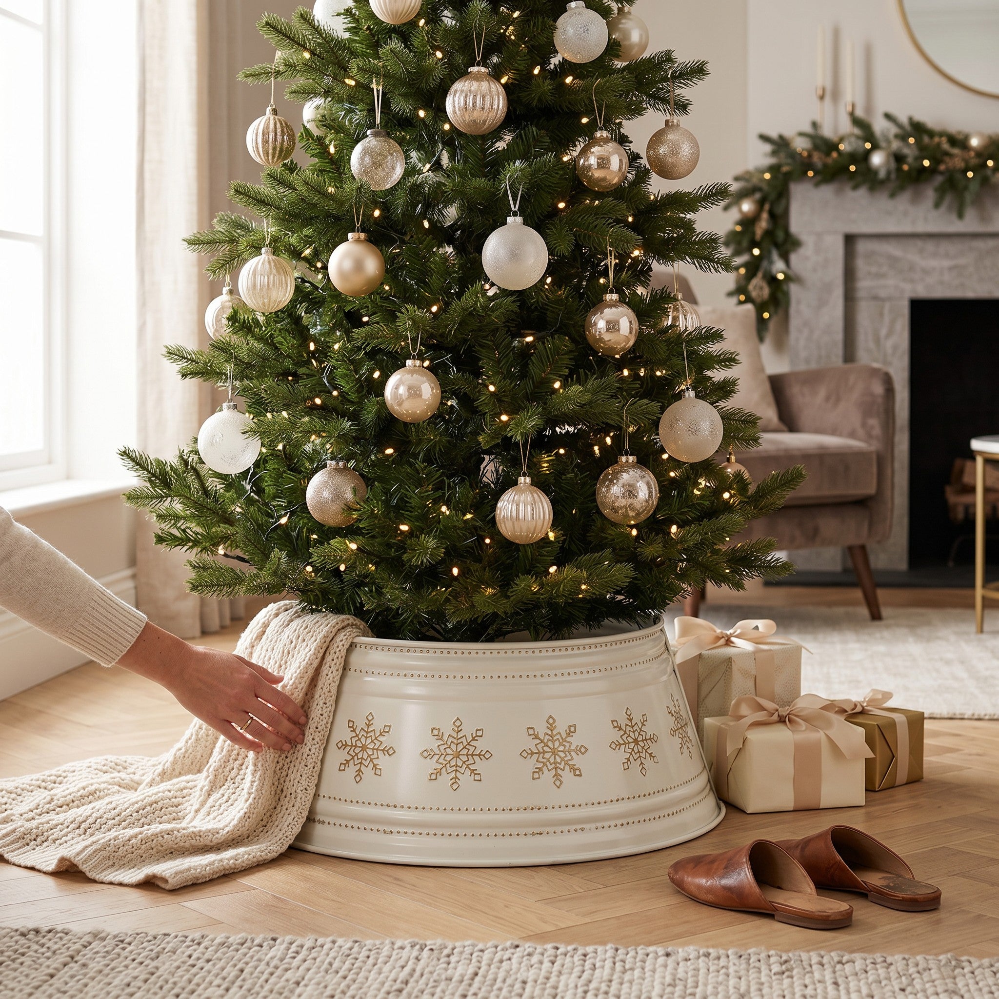 Family Bazaar white metal tree stand collar with gold snowflakes, 57 cm diameter