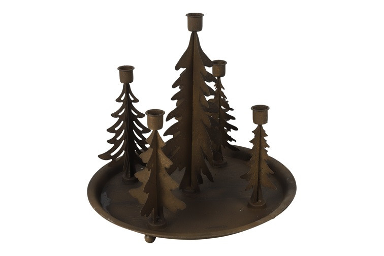 Świecznik metalowy z choinkami rdzawy 33 cm