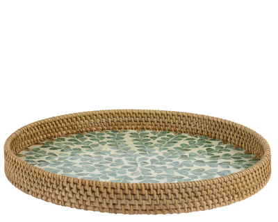 Taca rattanowa okrągła - Zielona 38 cm