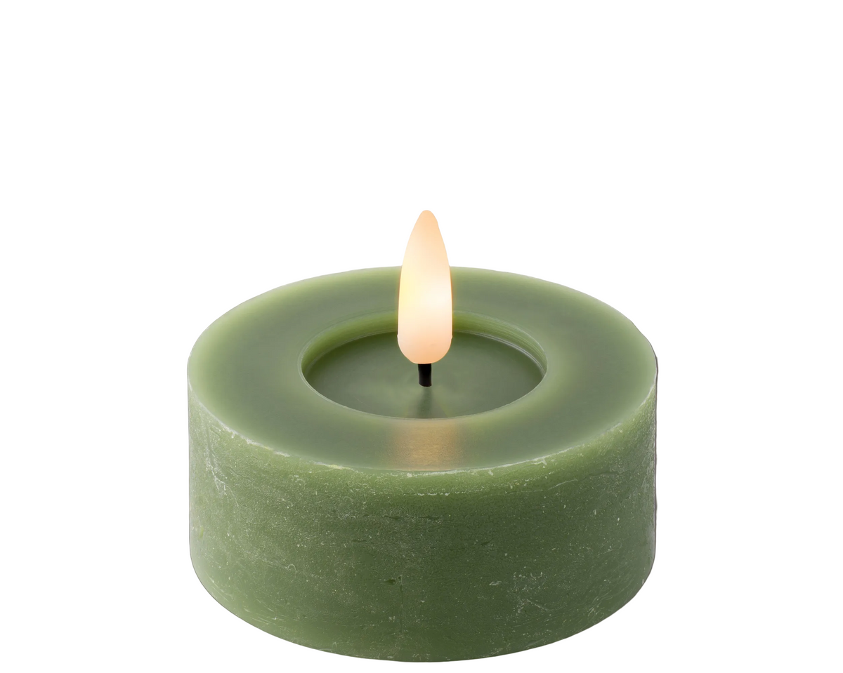 Świeczki LED tealight 6 cm zielone – 2 szt., efekt płomienia