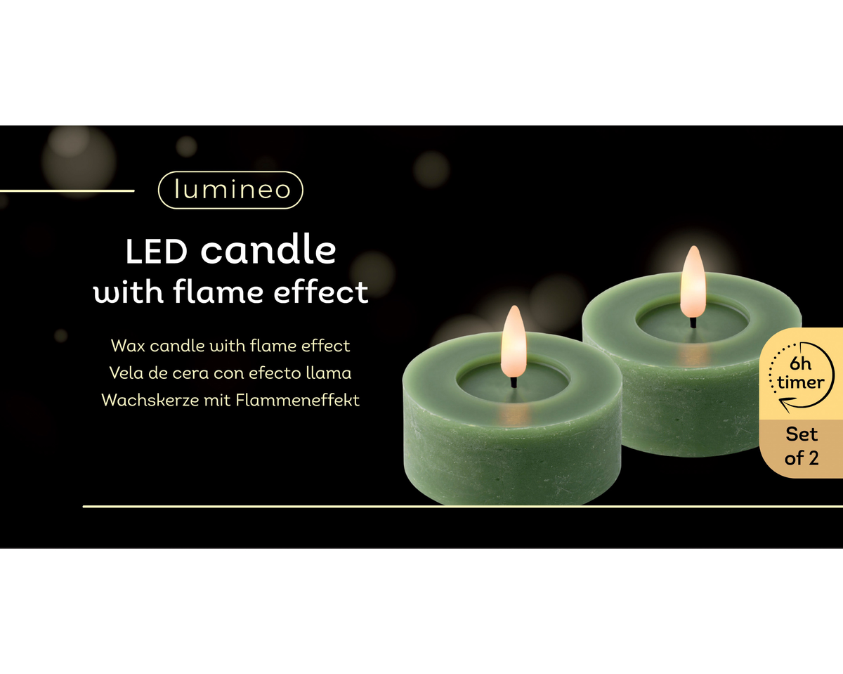 Świeczki LED tealight 6 cm zielone – 2 szt., efekt płomienia